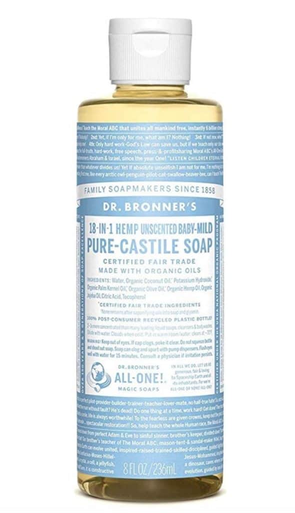 Dr. Bronner's unscented baby mild castille soap, available on Amazon